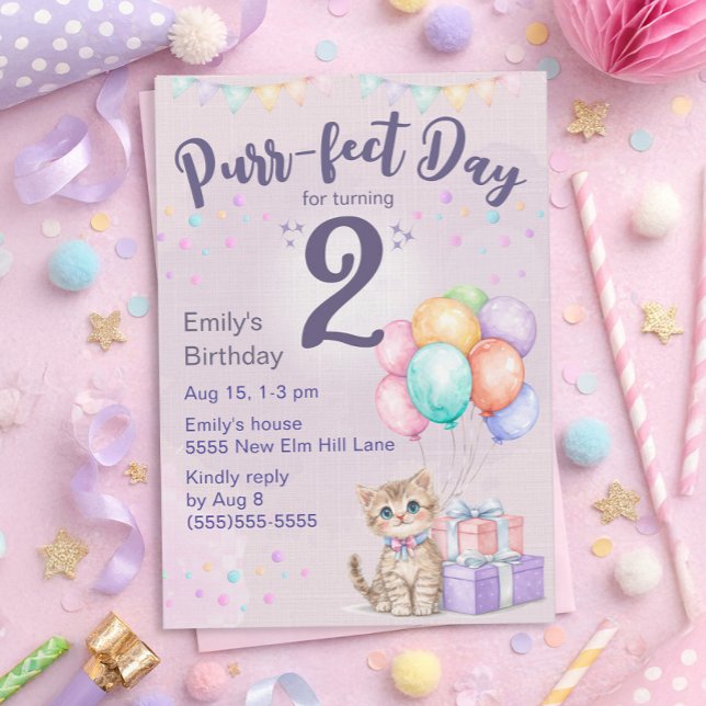 Invitation Chaton Pastel Fille 2ème Anniversaire (Cute kitten "Purr-fect day for turning 2" birthday party invitation for little girls)
