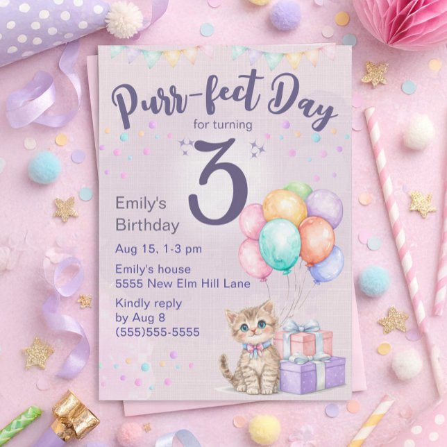 Invitation Chaton Pastel Fille 3ème Anniversaire ("Purr-fect day for turning 3" cute kitten 3rd birthday party invitation for little girls)
