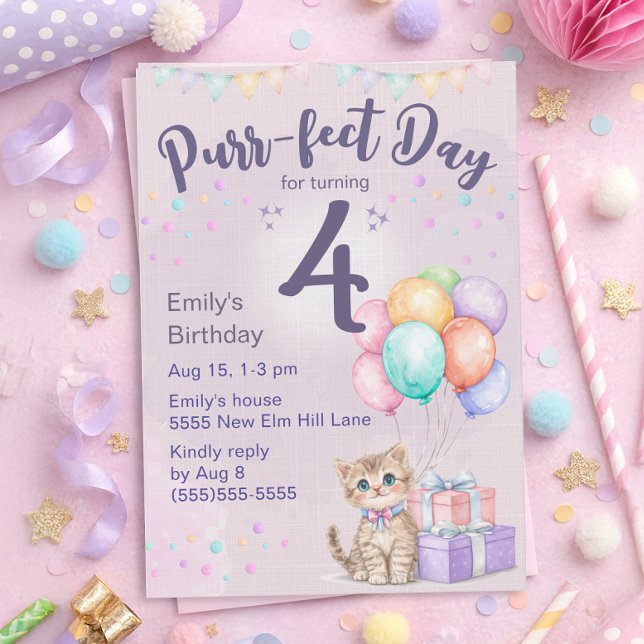 Invitation Chaton Pastel Fille 4ème Anniversaire ("Purr-fect day for turning 4" cute kitten 4th birthday party invitation for little girls)