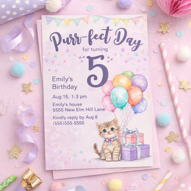 Invitation Chaton Pastel Fille 5ème Anniversaire ("Purr-fect day for turning 5" cute kitten birthday party invitation)