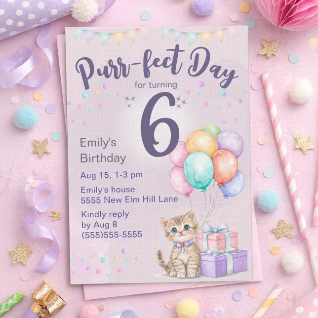 Invitation Chaton Pastel Fille 6ème Anniversaire (Cute kitten "Purr-fect day for turning 6" birthday party invitation for little girls)