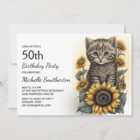 Chaton tigré gris Fleurs de tournesol 50e annivers