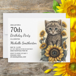 Invitation Chaton tigré gris Fleurs de tournesol 70e annivers