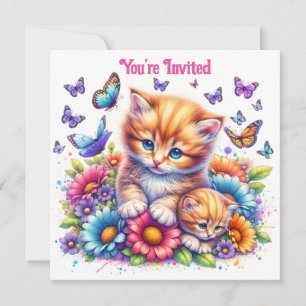 Invitation Chatons, papillons et fleurs Anniversaire