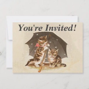 Invitation Chatons vintage sous parapluie art de chat antique