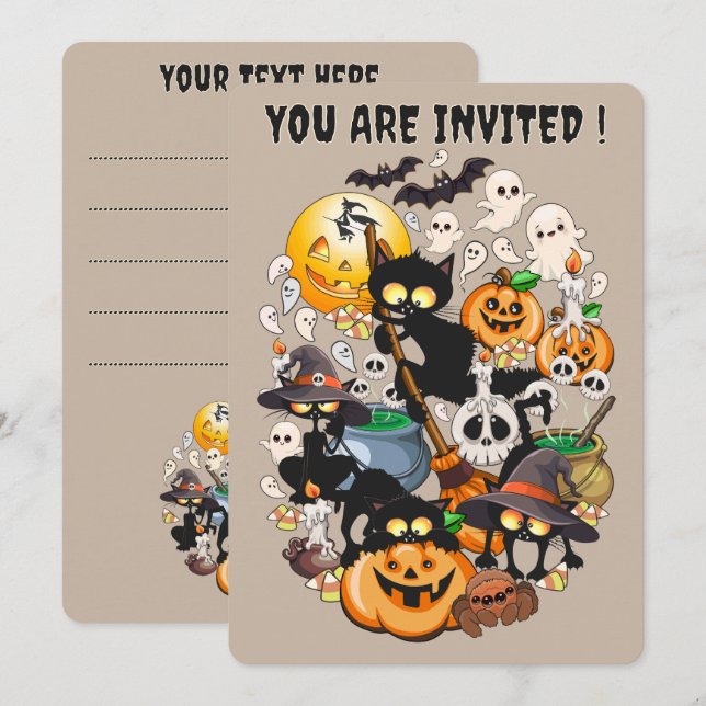 Invitation Chats drôles de Halloween Fête (Devant / Derrière)