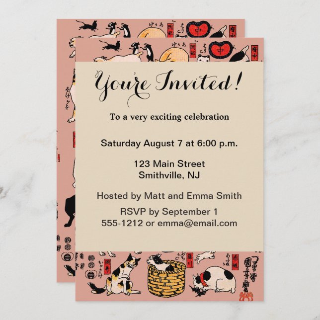 Invitation chats japonais Ukiyo-e Funny kitty (Devant / Derrière)