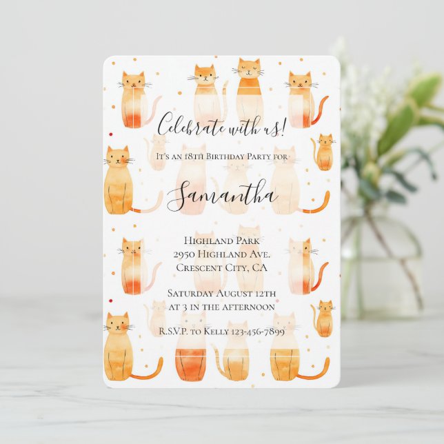 Invitation Chats Kitty Orange Blanc Anniversaire (Debout devant)