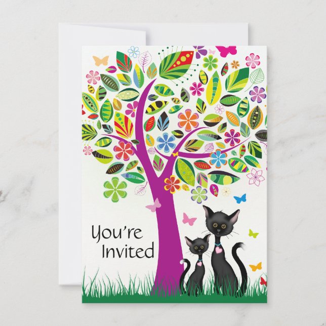 Invitation Chats noirs mignons et Baby shower d'arbre aux fle (Devant)