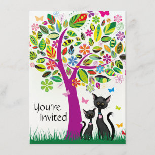 Invitation Chats noirs mignons et Baby shower d'arbre aux fle