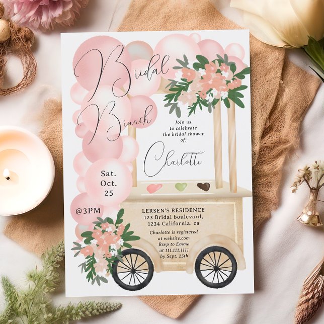 Invitation Chatte à crème glacée ballons roses douche nuptial (Cute ice cream cart pink balloons bridal shower invitation)
