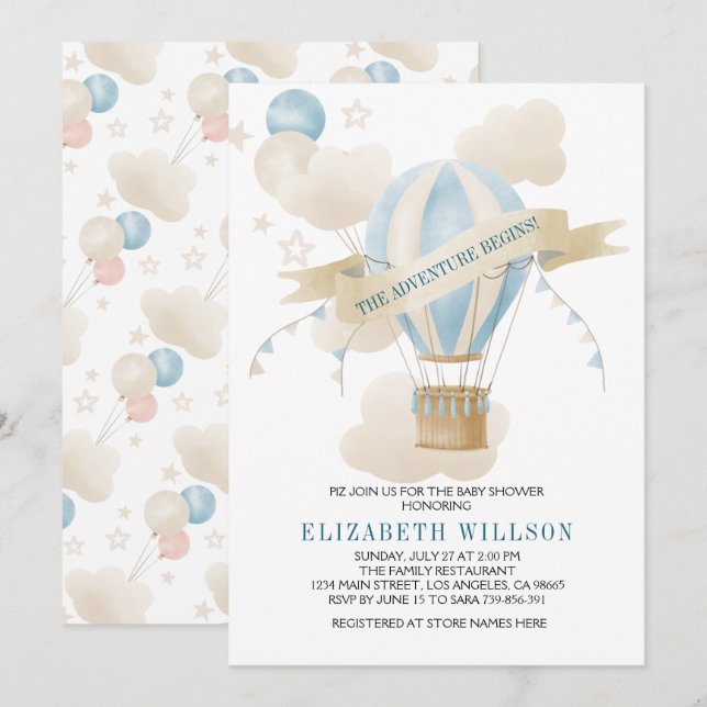 Invitation Chaud Air Balloon Aquarelle Babyshower (Devant / Derrière)