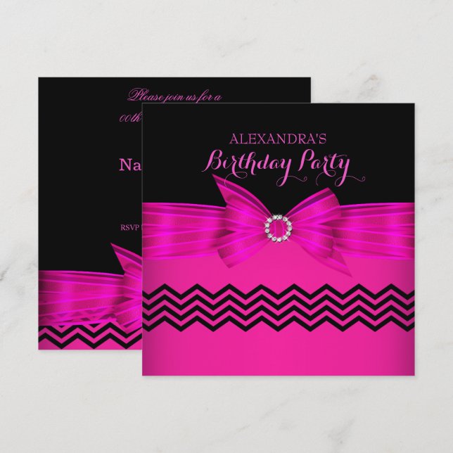 Invitation Chaud rose Bow noir Chevron rayures fête d'anniver (Devant / Derrière)