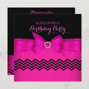 Invitation Chaud rose Bow noir Chevron rayures fête d'anniver