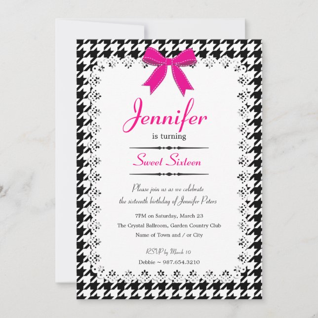 Invitation Chaud rose et noir blanc Houndstooth Sweet 16 (Devant)