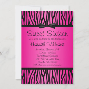Invitation Chaud rose et noir Zebra Bow Sweet 16 Anniversaire