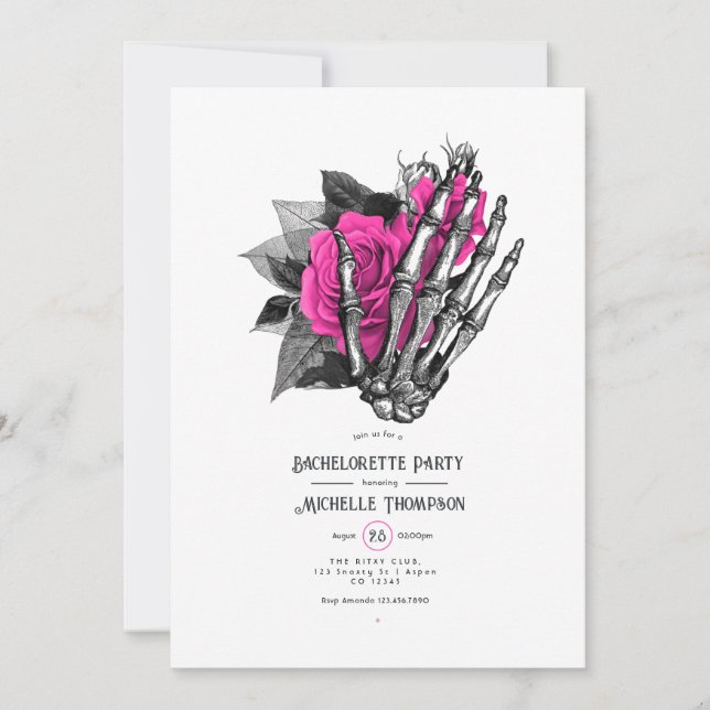 Invitation Chaud rose floral gothique Skeleton Bachelorette P (Devant)