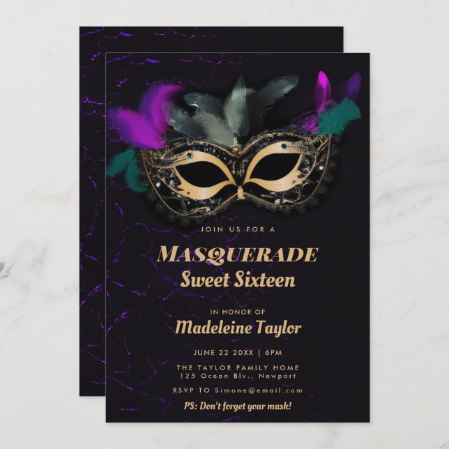 Invitation Chaud rose or noir Masquerade Masquerade Sweet 16  (Devant / Derrière)