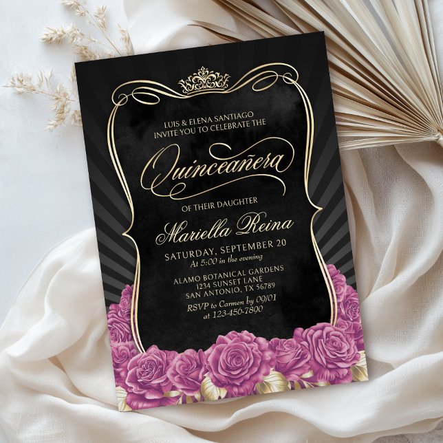 Invitation Chaud rose or noir Quinceañera (Créateur téléchargé)