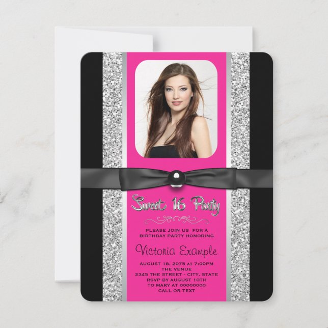 Invitation Chaud rose Parties scintillant argent doux 16 Part (Devant)