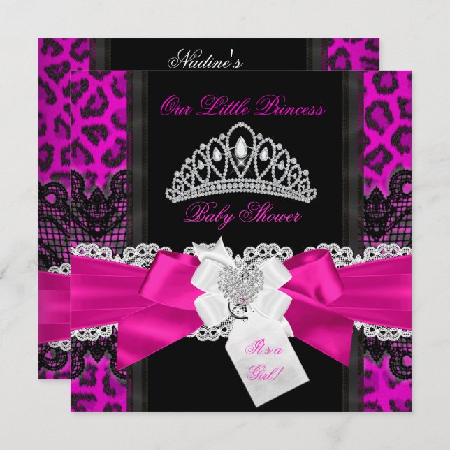 Invitation Chaud rose princesse Baby shower fille Léopard noi (Devant / Derrière)