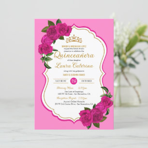 Invitation Chaud rose Rose noir et or élégant Quinceanera