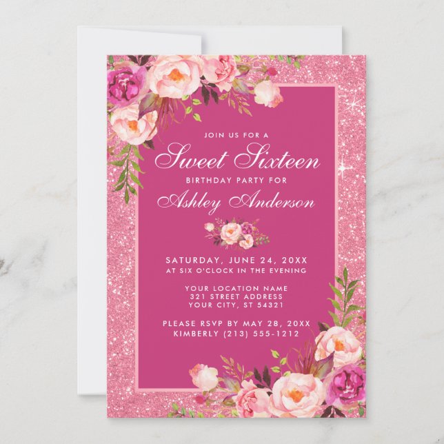 Invitation Chaud rose sucré 16 Anniversaire Parties scintilla (Devant)