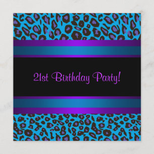 Invitation Chaud rose Turquoise bleu violet Leopard 21e anniv