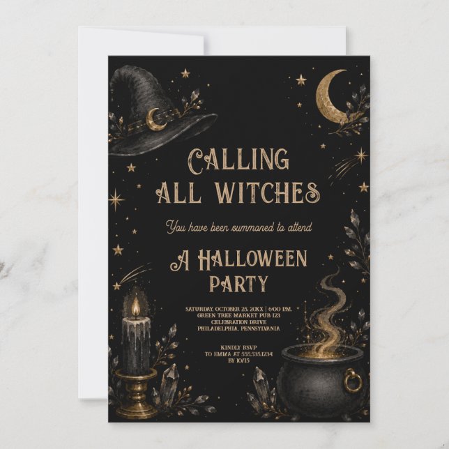 Invitation Chaudière de sorcière mystique Fête d'Halloween (Devant)