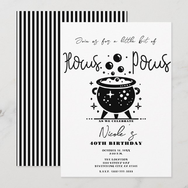 Invitation Chaudière de sorcière noir et blanc Halloween Anni (Devant / Derrière)