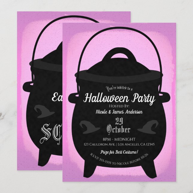 Invitation Chaudière de sorcière noire Fête d'Halloween rose (Devant / Derrière)