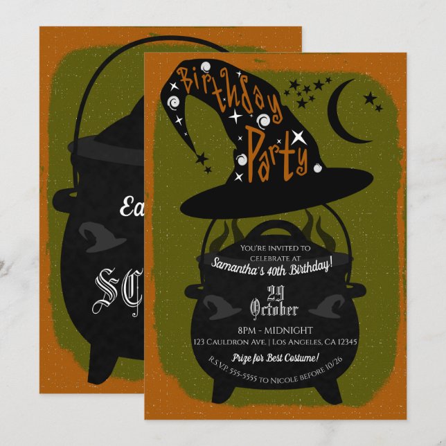 Invitation Chaudière de sorcière vintage Fête d'anniversaire  (Devant / Derrière)