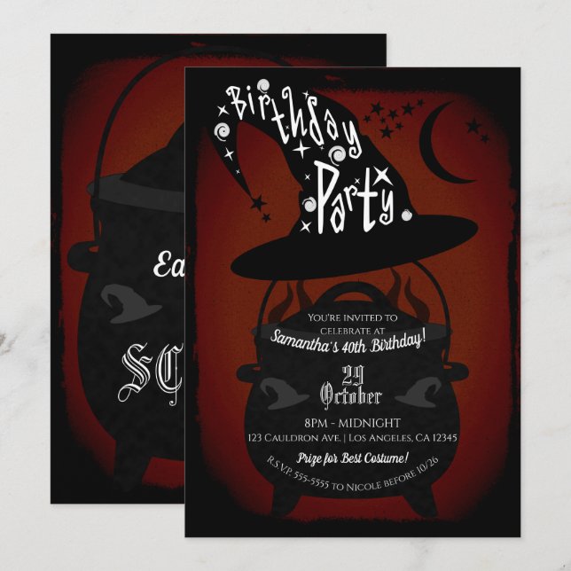 Invitation Chaudière de sorcière vintage Fête d'anniversaire  (Devant / Derrière)