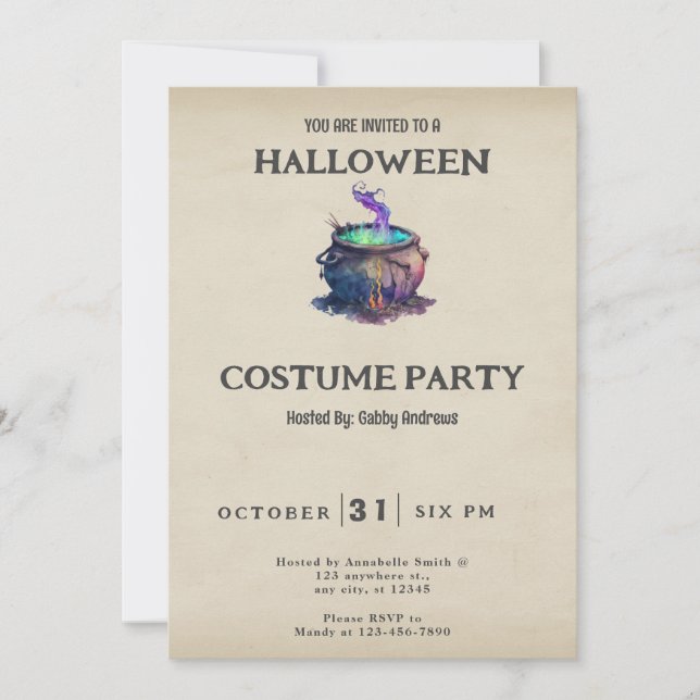 Invitation Chaudière de Sorcières Vert et Violet Halloween Vi (Devant)