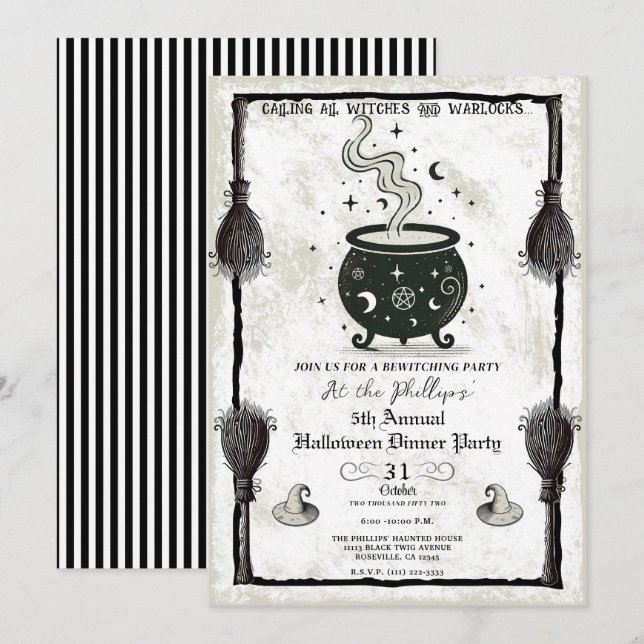 Invitation Chaudière de sorcières vintage pour soirée d'Hallo (Devant / Derrière)