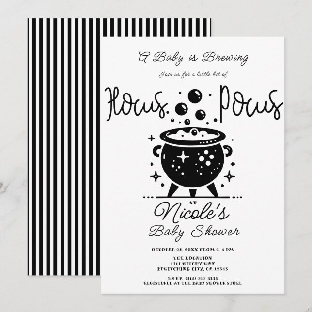 Invitation Chaudière Sorcière Noir Blanc Halloween Baby Showe (Devant / Derrière)