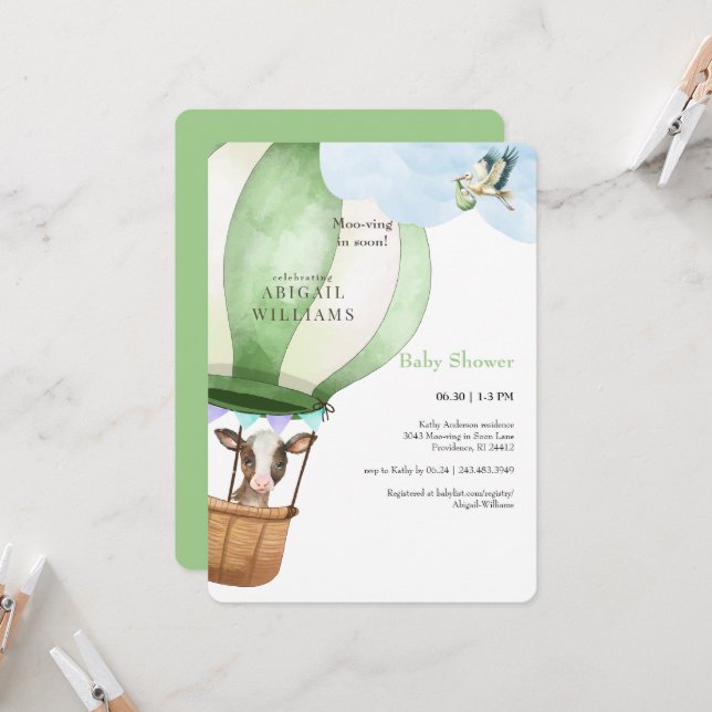 Invitation Chauffage de cigogne et de vache dans le Baby show (Devant/Arrière en situation)