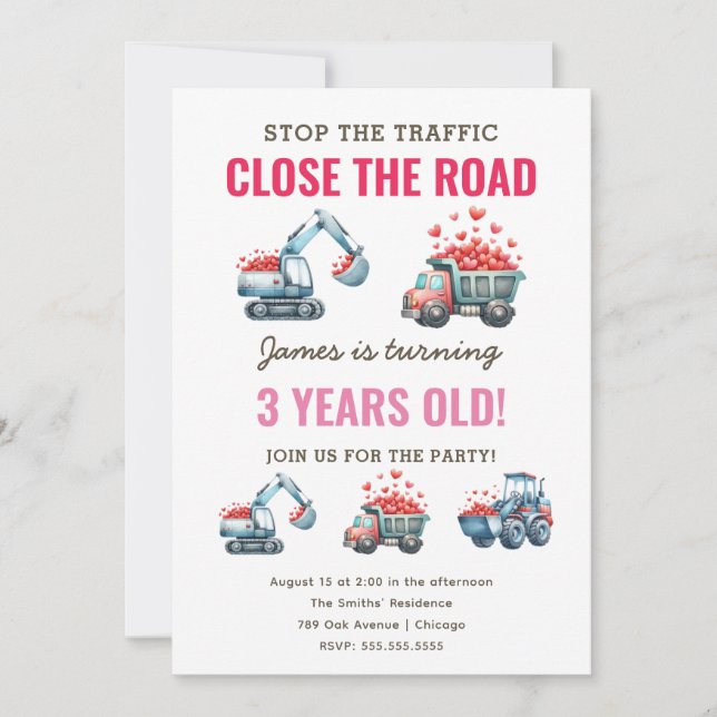 Invitation Chauffage de construction Camion Coeur Anniversair (Devant)
