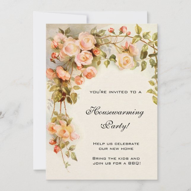 Invitation Chauffage domestique vintage, Fleurs roses antique (Devant)