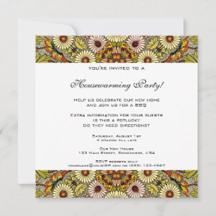Invitation Chauffe Maison Vintage, Fleurs de Jardin Papillons