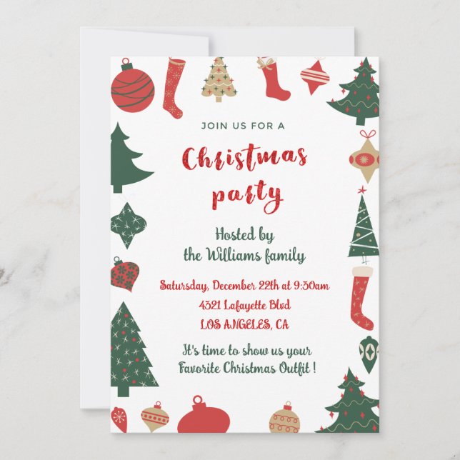 Invitation Chaussettes Arbres Mignons Soirée de Noël (Devant)