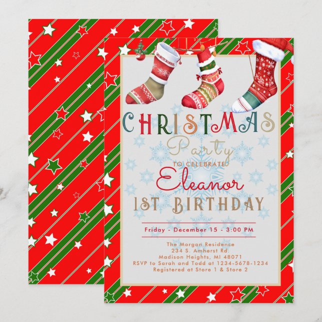 Invitation Chaussettes de Noël Fête d'anniversaire de 1 an (Devant / Derrière)