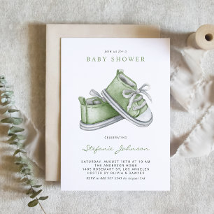 Invitation Chaussons bébé vert aquarelle Code QR Baby Shower