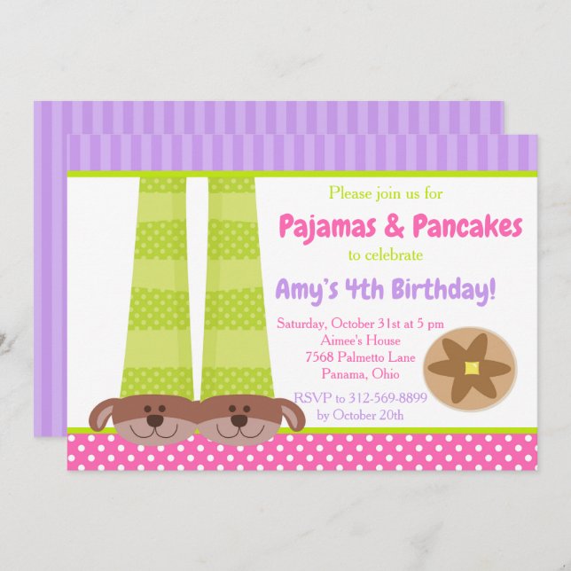 Invitation Chaussons de chien Pyjamas & Pancakes Fête d'anniv (Devant / Derrière)
