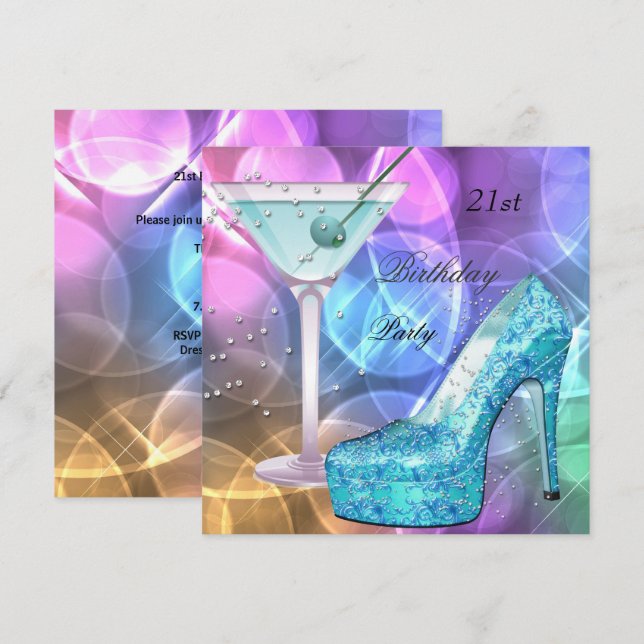 Invitation Chaussure à martini blanche rose sarcelle pour fêt (Devant / Derrière)