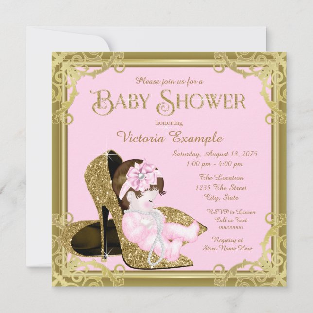 Invitation Chaussure à paillettes dorées Fête bébé rose et or (Devant)
