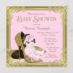 Invitation Chaussure à paillettes dorées Fête bébé rose et or
