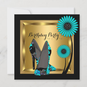 Invitation Chaussure à talon élevé Floral Turquoise Noir fête