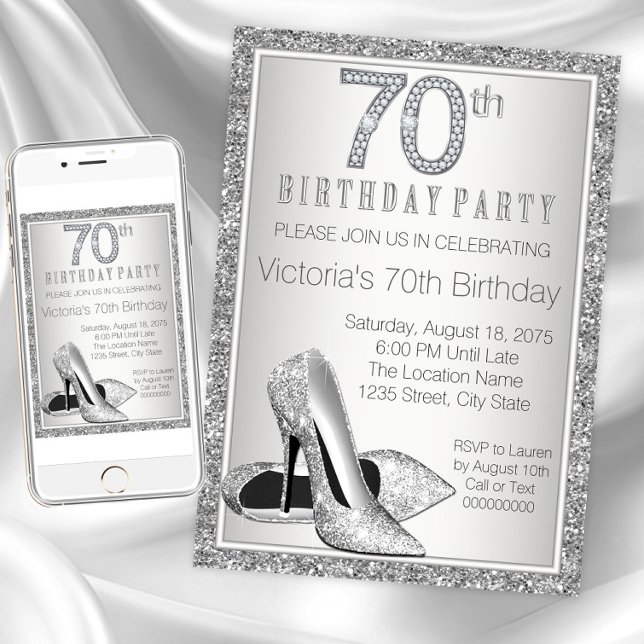 Invitation Chaussure à talon haut à paillettes argentées pour (Womans 70th birthday party invitation. Instant download and printed invitations available.)