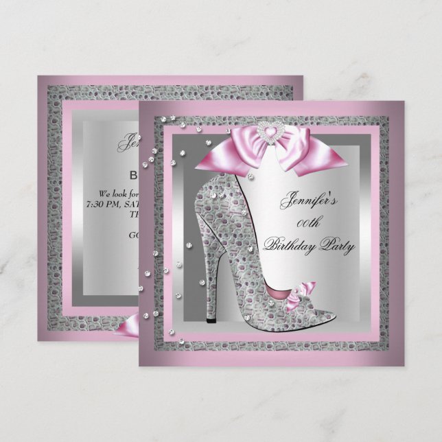 Invitation Chaussure à talon haut argent rose pour fête d'ann (Devant / Derrière)
